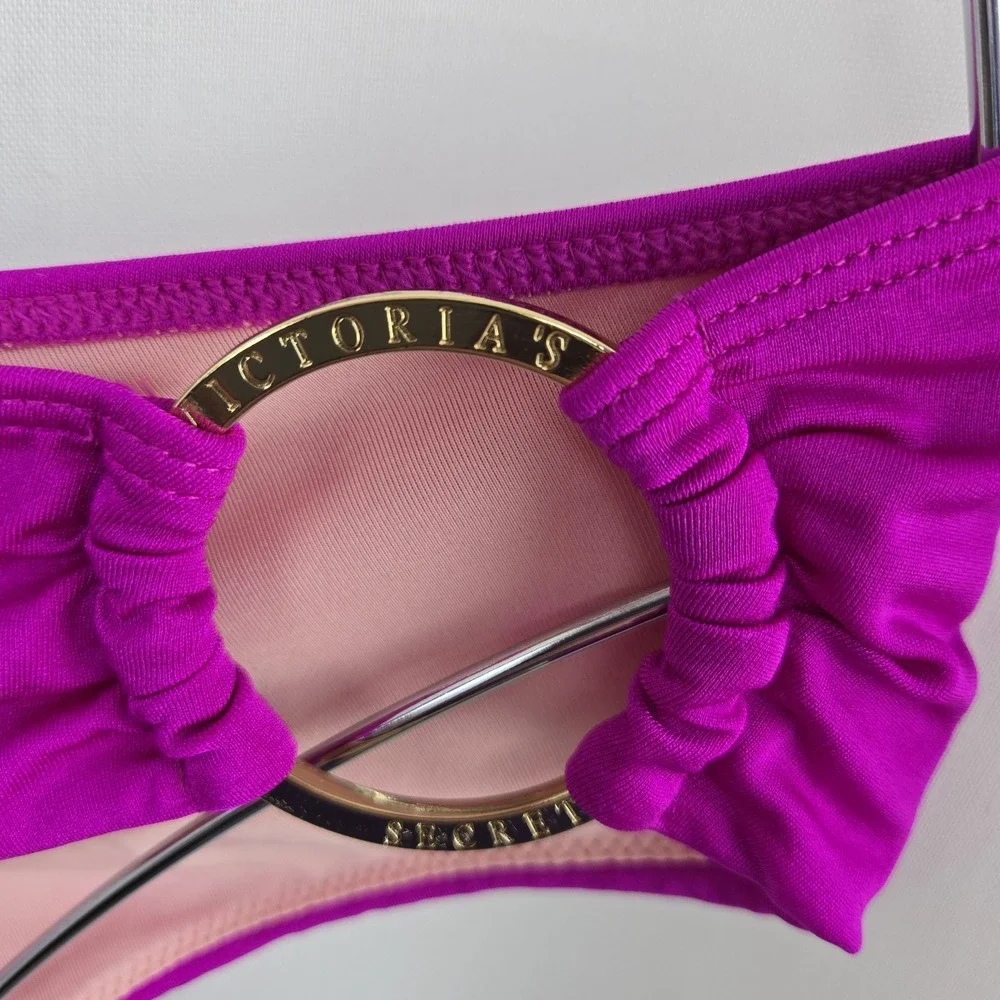Victoria's Secret Fushia Bikini Twist Front Top 34DD Gold Ring Bottoms Size S